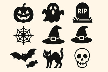 Halloween Icons Set – Pumpkin, Ghost, Witch Hat, Bat, Spider, Skull, Candy