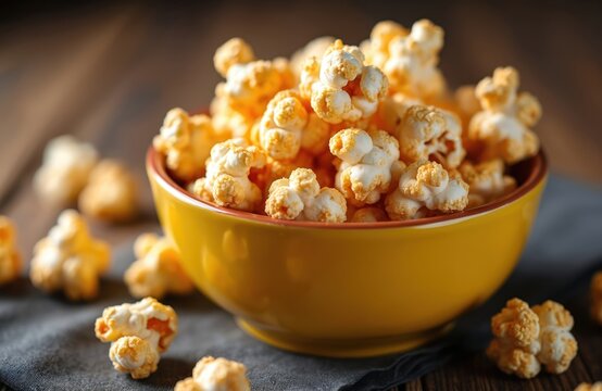Golden caramel popcorn pile in yellow bowl. Gourmet crunchy snack food made from corn kernels, perfect for movie night entertainment or parties. Delicious sweet treat.