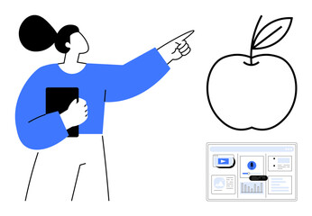Woman pointing ahead while holding a notebook, with an apple symbolizing knowledge and a data screen for insights. Ideal for education, leadership, innovation, analysis, growth, creativity, simple