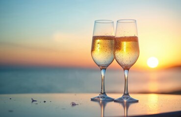 Two champagne glasses brimming with bubbly wine stand on table near calm water during vibrant sunset. Golden hour light reflects off drink, creating romantic, celebratory atmosphere perfect for