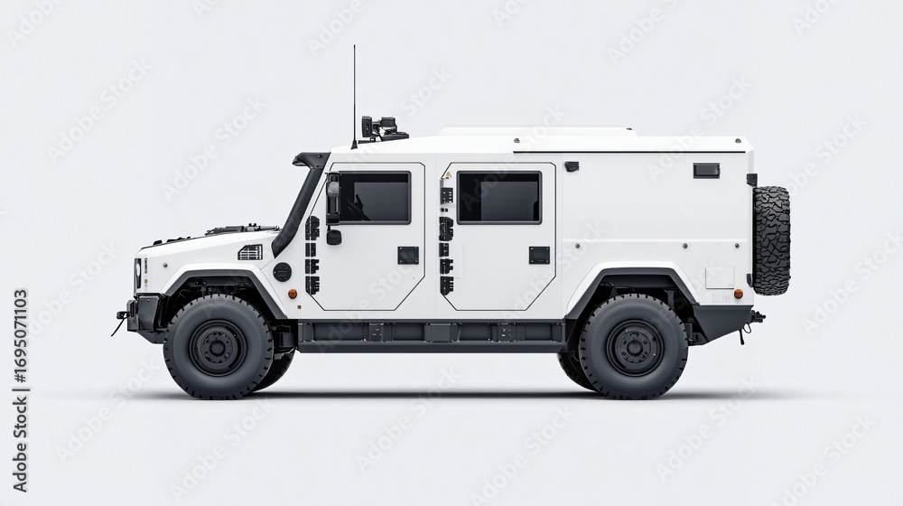 Wall mural edium shot of autonomous armored vehicle equipped with sensor arrays and cameras.