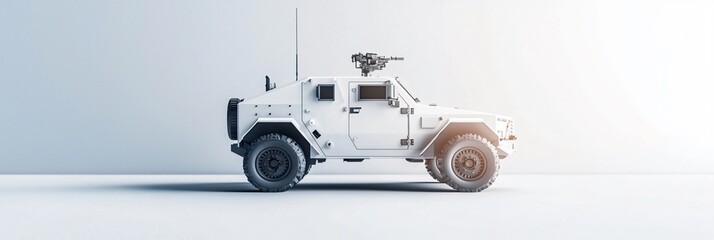 edium shot of autonomous armored vehicle equipped with sensor arrays and cameras.