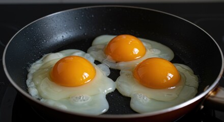 A Perfect Start: Three Sunny-Side-Up Eggs Frying in a Pan
