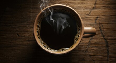 Atmospheric Top-Down View of a Steaming Cup of Hot Black Coffee on a Rustic Wooden Table
