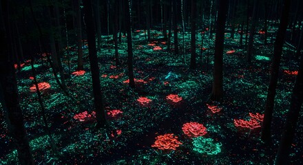 Glowing mushrooms and foliage illuminate a dark forest floor with tall trees at night time scene view