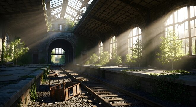 Abandoned train station overgrown with nature, sunlight streaming through broken windows - Powered by Adobe
