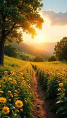 Fototapeta premium Golden hour sunlight bathes a vibrant landscape in warm, summery hues Perfect for travel, vacation, or summer-themed projects Enjoy the idyllic scenery and cheerful atmosphere , flowers, rays