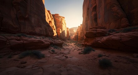 A view looking through a canyon with rock walls and a sandy ground with the sun shining in the distance