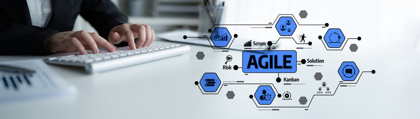 Fototapeta premium A close-up of hands on a keyboard paired with a visual graphic illustrating agile methodologies like scrum and kanban, emphasizing collaboration and efficient project management. Tessel