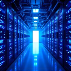 Fototapeta premium Illuminated Data Center Corridor with Rows of Servers