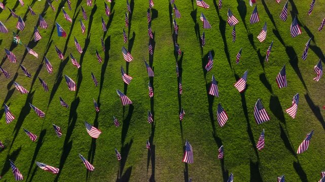 Drone footage of honoring the lives lost in terror attacks. The Waves of Flags display at Alumni Park on the Malibu campus, California, USA. High quality 4k footage 