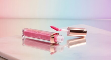Pink Lip Gloss on Reflective Surface with Pastel Background