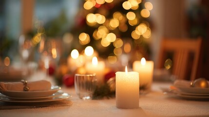 Warm candlelight glows on festive table, creating cozy holiday a