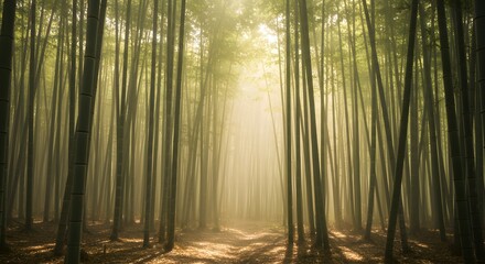 A view through a dense bamboo forest with sunlight filtering through the tall green stalks creating a glow