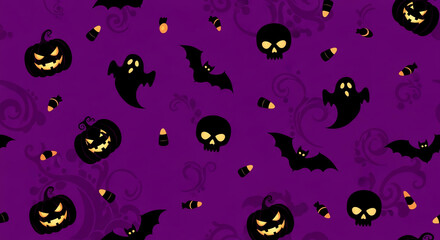 Purple background with repeating Halloween pattern: pumpkins, bats, ghosts, skulls, candy corn Seamless design ideal for festive wallpaper or banners