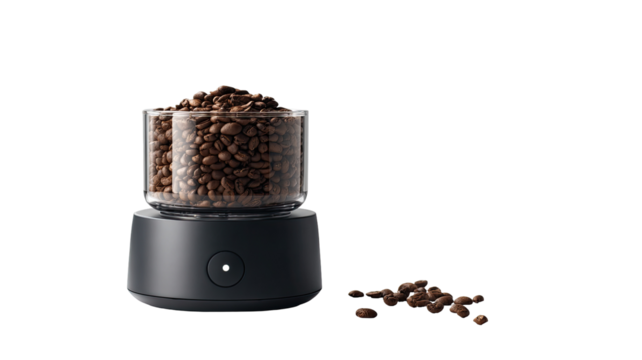 A dark gray, round, compact device sits on a dark background. A clear glass container, filled with coffee beans, is on top. More beans are scattered on the bottom