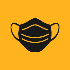 Minimalist graphic design of a solid black fabric face mask with yellow accents on orange