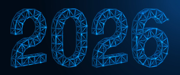 Digital constructions in the form of numbers 2026. Polygonal design of interconnected lines and dots. Blue background.