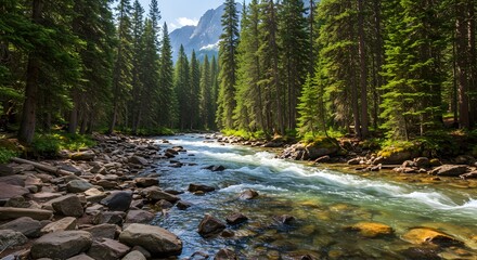 A scenic river flows through a lush forest with mountains visible in the distant background landscape view
