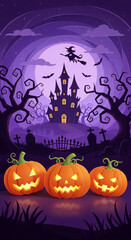 Fototapeta premium Halloween scene: illuminated jack-o'-lanterns in front of a haunted castle under a full moon, bats and witch flying overhead Symbolizes spooky season, celebration, autumn