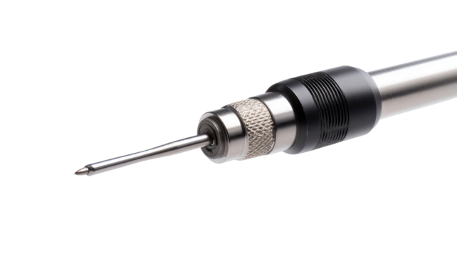 Close-up of a precision mechanical tool.  A slender, metallic shaft, ending in a pointed tip, is connected to a threaded collar.  The tool appears highly engineered and meticulously crafted