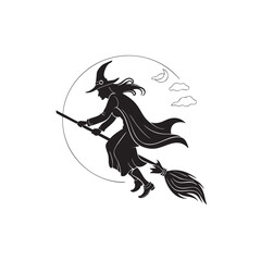 Spooky silhouette of a flying witch on a broomstick in line art style for halloween themes