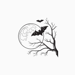 Spooky halloween night scene featuring a large detailed line art full moon with a swarm of silhouetted bats in flight creating a festive atmosphere