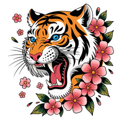 A stylized tattoo art illustration of a roaring tiger's
head