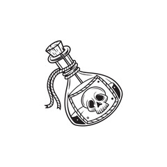 Creepy line art illustration of a vintage potion bottle with a menacing skull label for horror themed designs