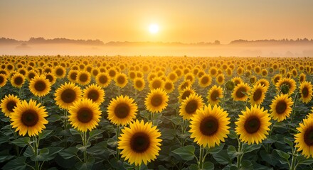 Field of sunflowers in full bloom under a bright sun with a hazy sky at the horizon in the distance