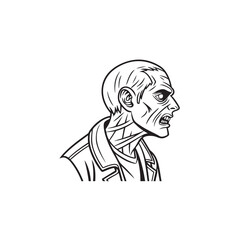 Minimalist outline horror zombie face icon design featuring a stylized line art illustration of the undead