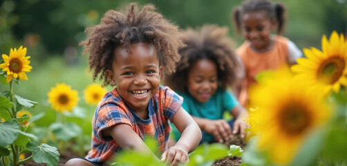 Happy diverse children gardening together in sunlit field surrounded by sunflowers. Young farmers cultivate fresh produce, beaming with joy, collaborative spirit. Image celebrates childhood, nature,