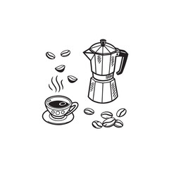 Minimalist doodle style coffee icons featuring a cup and a moka pot for beverage and cafe related designs