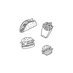 Minimalist sketch style fast food icons featuring a taco burrito and other delicious mexican food items