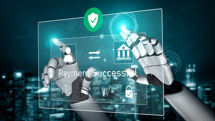 AI confirms secure payment transaction, verifying user identity, processing order, and authorizing completed digital payment within trusted financial systems. Vouch
