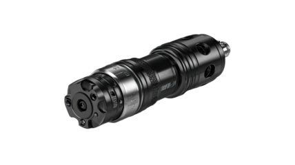 Precision spindle rotating, close-up, black background, industrial machinery