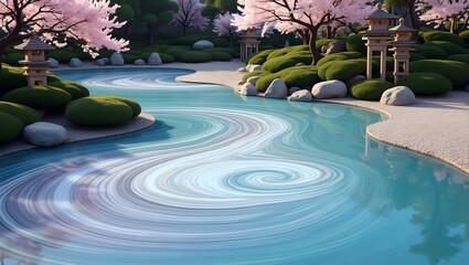Serene japanese garden with cherry blossoms and a winding stream, a peaceful and tranquil landscape