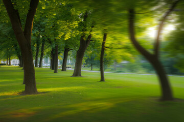 Fototapeta premium Lush green park with tall trees and vibrant grass bathed in warm sunlight creating a serene and peaceful atmosphere for relaxation and nature walks in a beautiful outdoor setting