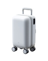 White carry-on suitcase, wheels, studio, travel, isolated background, website