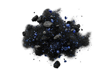 Macro shot of a dense, sluggish plume of dark, matte soot flakes and sharp sapphire specks with volumetric light on a transparent background, depicting industrial pollution and decay