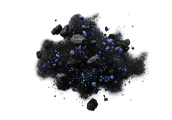 Macro shot of a dense, sluggish plume of dark, matte soot flakes and sharp sapphire specks with volumetric light on a transparent background, depicting industrial pollution and decay