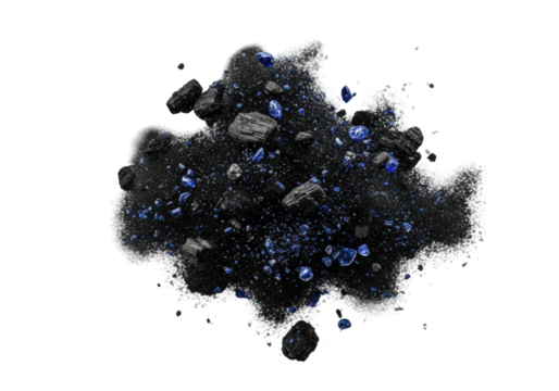 Macro shot of a dense, sluggish plume of dark, matte soot flakes and sharp sapphire specks with volumetric light on a transparent background, depicting industrial pollution and decay - Powered by Adobe