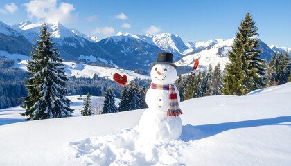 Obraz premium Happy snowman in snowy mountains