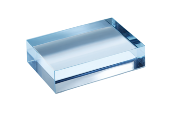 Rectangular, clear glass container filled with light-blue liquid