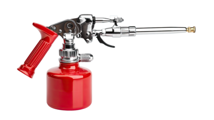 A red-canister, metal-nozzle spray gun.  Chrome accents.  Industrial tool