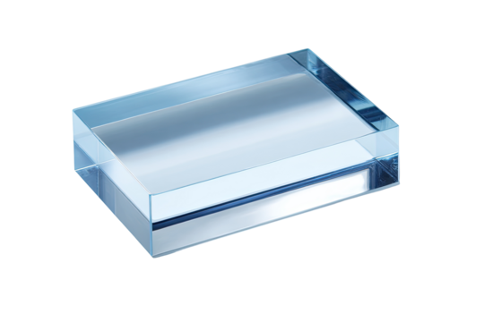 Rectangular, clear glass container filled with light-blue liquid