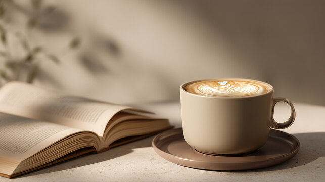 Cup of latte coffee with latte art and open book in natural light 
