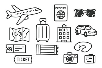 Travel Icons Collection. Cooking ingredients doodle icon set: hand drawn icons of salt, pepper, garlic, onion, herbs, olive oil,