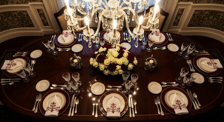 Elegant Table Setting with Chandelier and Floral Centerpiece Ready for a Dinner
