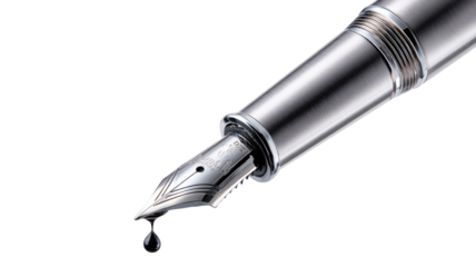 Close-up of a metallic fountain pen nib with a drop of ink